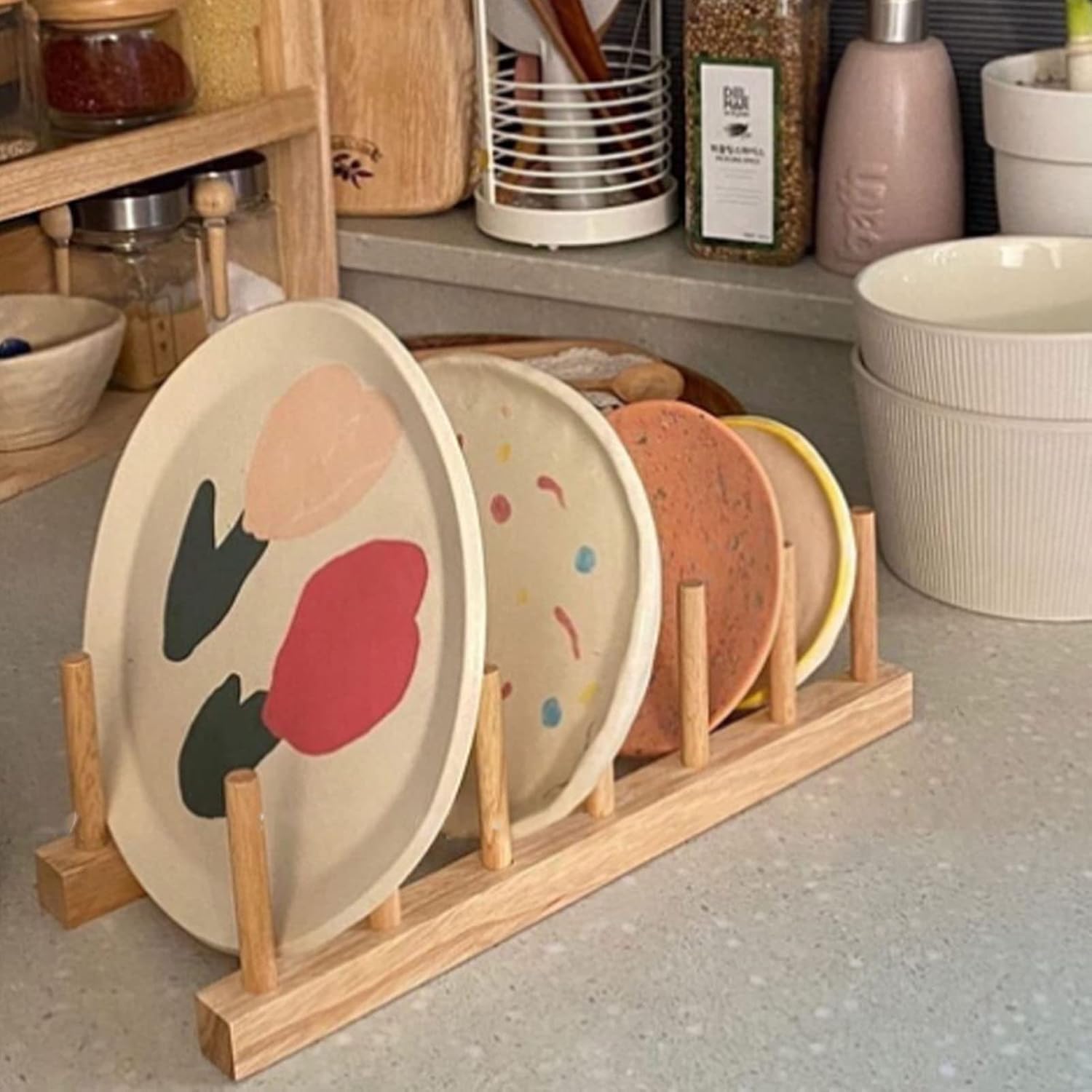 VINGVO Vertical Wooden Dish Drying Rack, Pine Wood Plate Rack for Cups & Cutting Boards, Stable Base Drying for Compact Kitchens