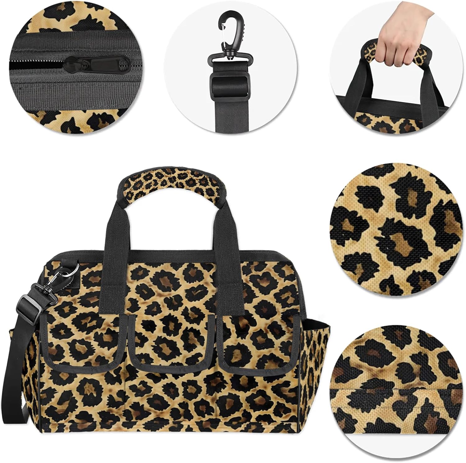 Leopard Print Wild Safari Skin Tool Bags for Men and Women 14.8 Inch, Heavy Duty Waterproof Tool Box Organizer Bag, Wide Mouth Tool Tote Storage Bag with Adjustable Shoulder Strap