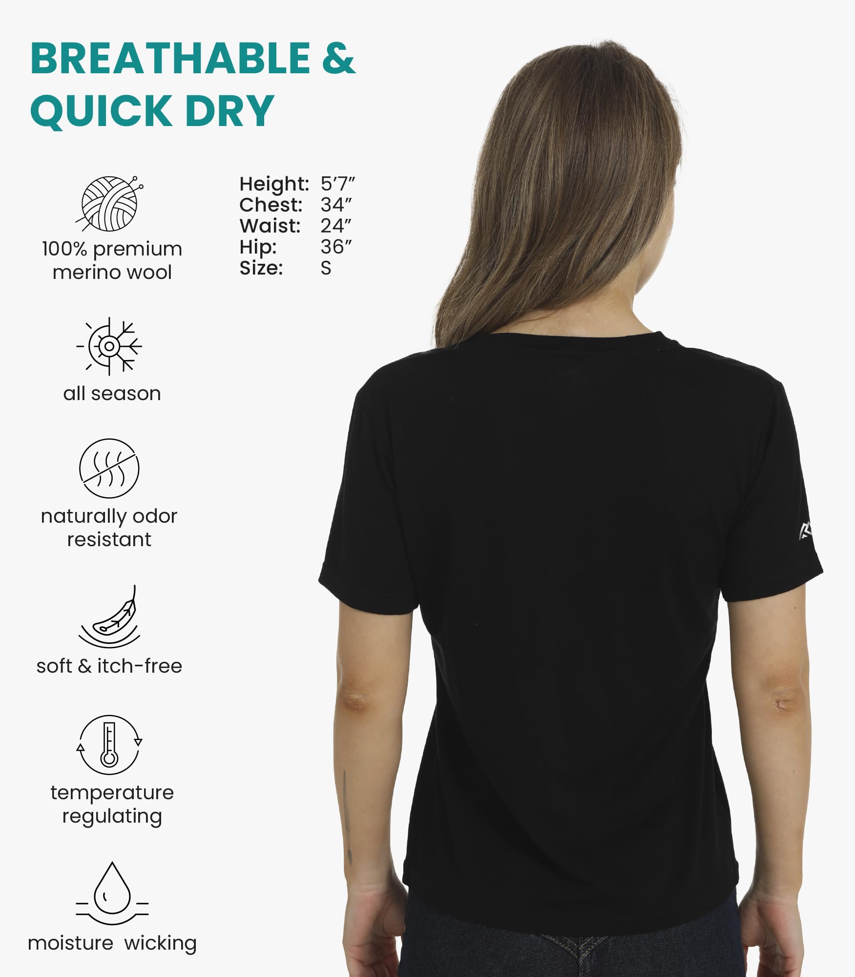 Merino.tech T-Shirt en mérinos pour Femme + Chaussettes de randonnée gratuites – Léger, Respirant и Anti-Odeur (XX-Large, Black V-Neck)