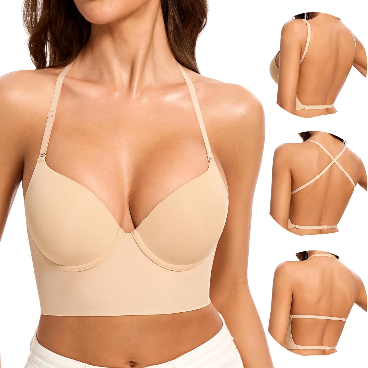 Low Back Bra for Women-Seamless Invisiable Backless Bras-Lightly Lined Open Back Halter Multiway Low Cut Bra - Image 2