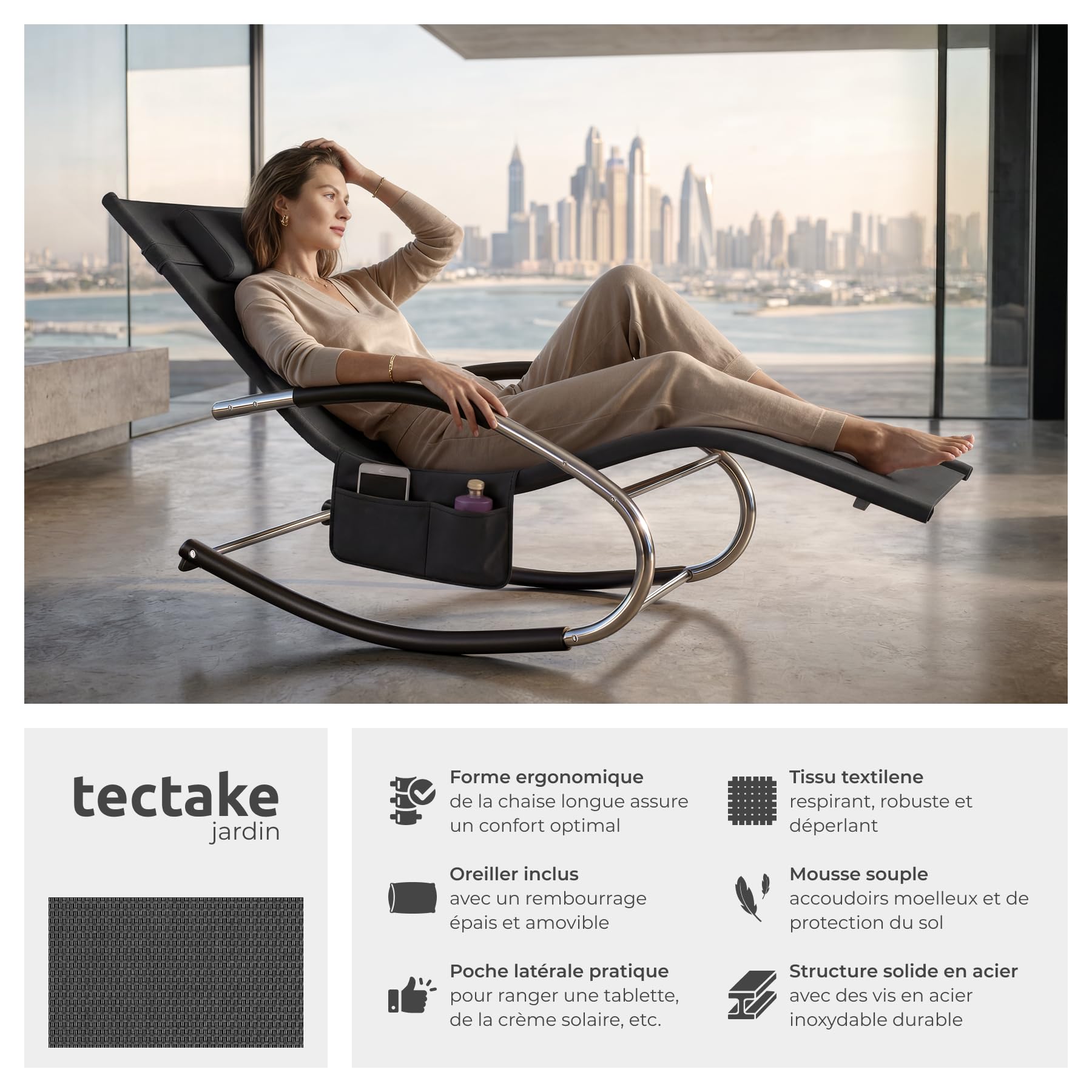 tectake® Lot de 2 Chaise longue ergonomique 62 x 146 x 92 cm Balancement doux, Transat jardin exterieur, revêtement respirant & hydrofuge, Bain de soleil Chaise longue jardin exterieur Transat piscine