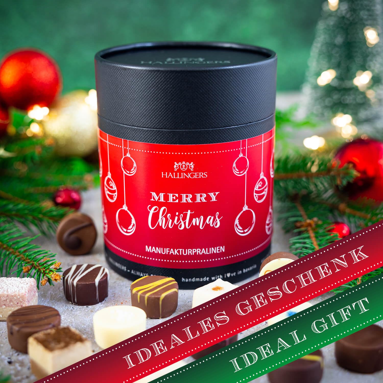 Hallingers Genuss Manufaktur Pralinen Weihnachts-Geschenk - ohne Alkohol, handmade aus Confiserie-Edelkakao in wertiger XXL-Geschenkdose "Merry Christmas", Weihnachten für Frauen Männer