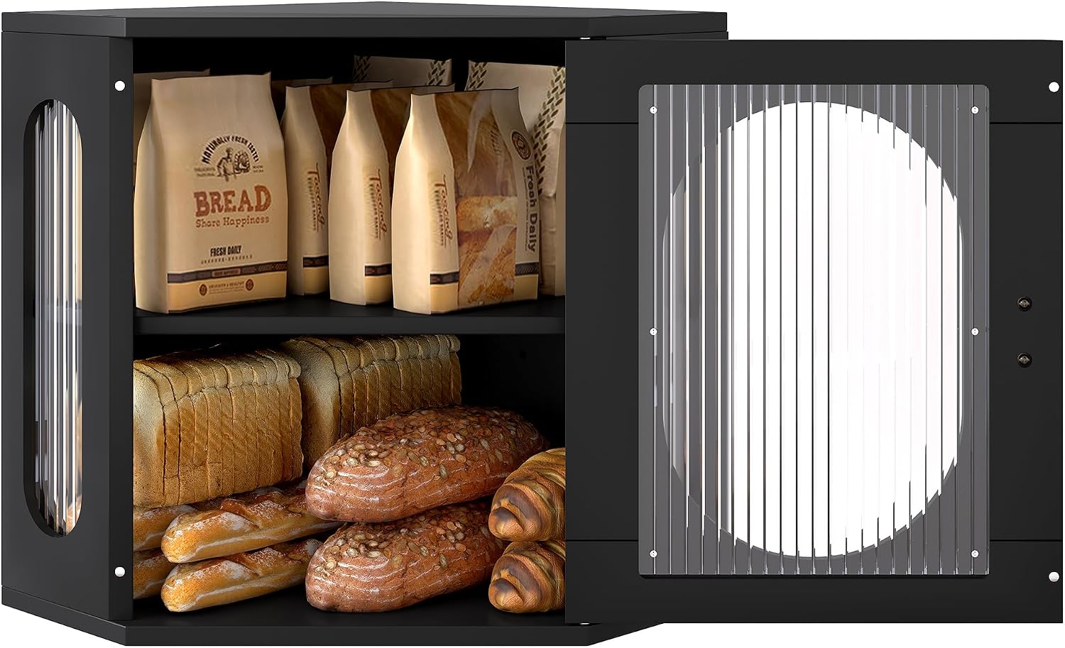 Alpeir Corner Bread Box for Kitchen Countertop, 3 Adjustable Height, Black