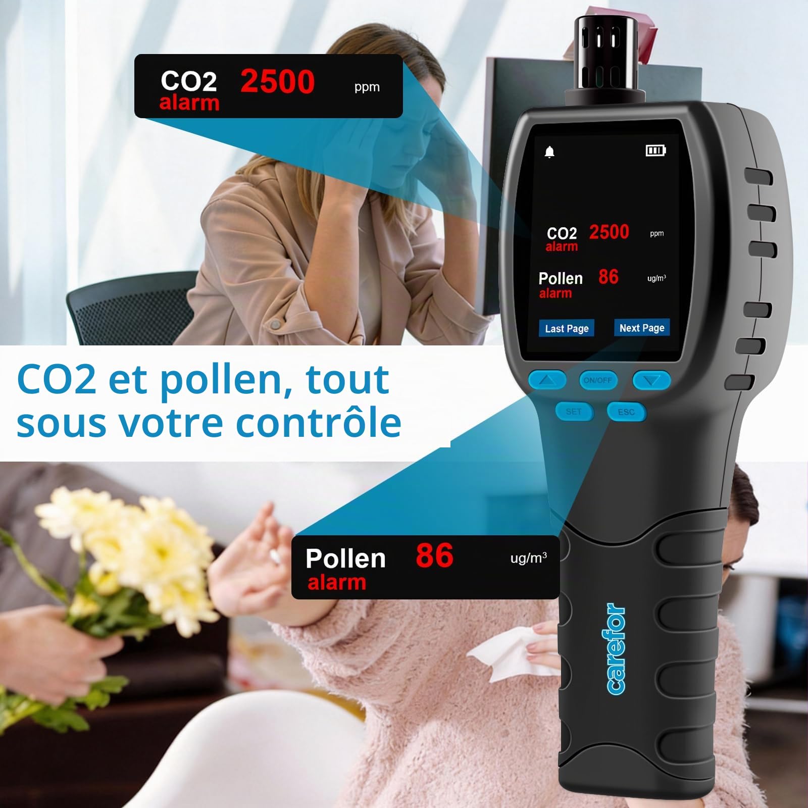 CF‑60 PP Moniteur de qualité de l'air portatif avec Graphiques de données sur l'appareil et rapports exportables, détecteur Portable 16 en 1 pour AQI, CO2, TVOC, HCHO, PM2.5/10/1.0, Pollen