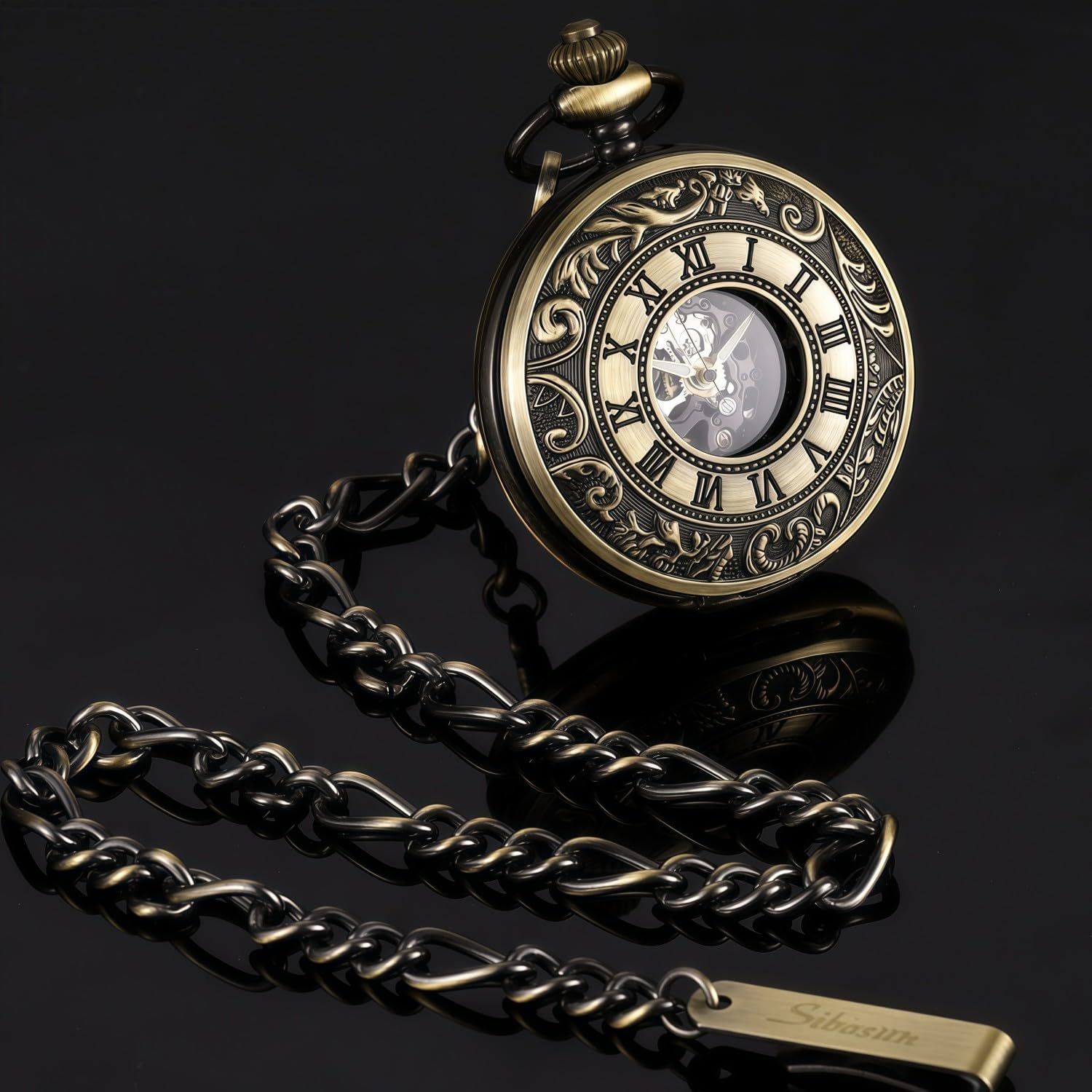 SIBOSUN Pocket Watch Mechanical Skeleton Steampunk Antique Pocket Watch with Chain and Box for Men Women Roman Numerals Dial