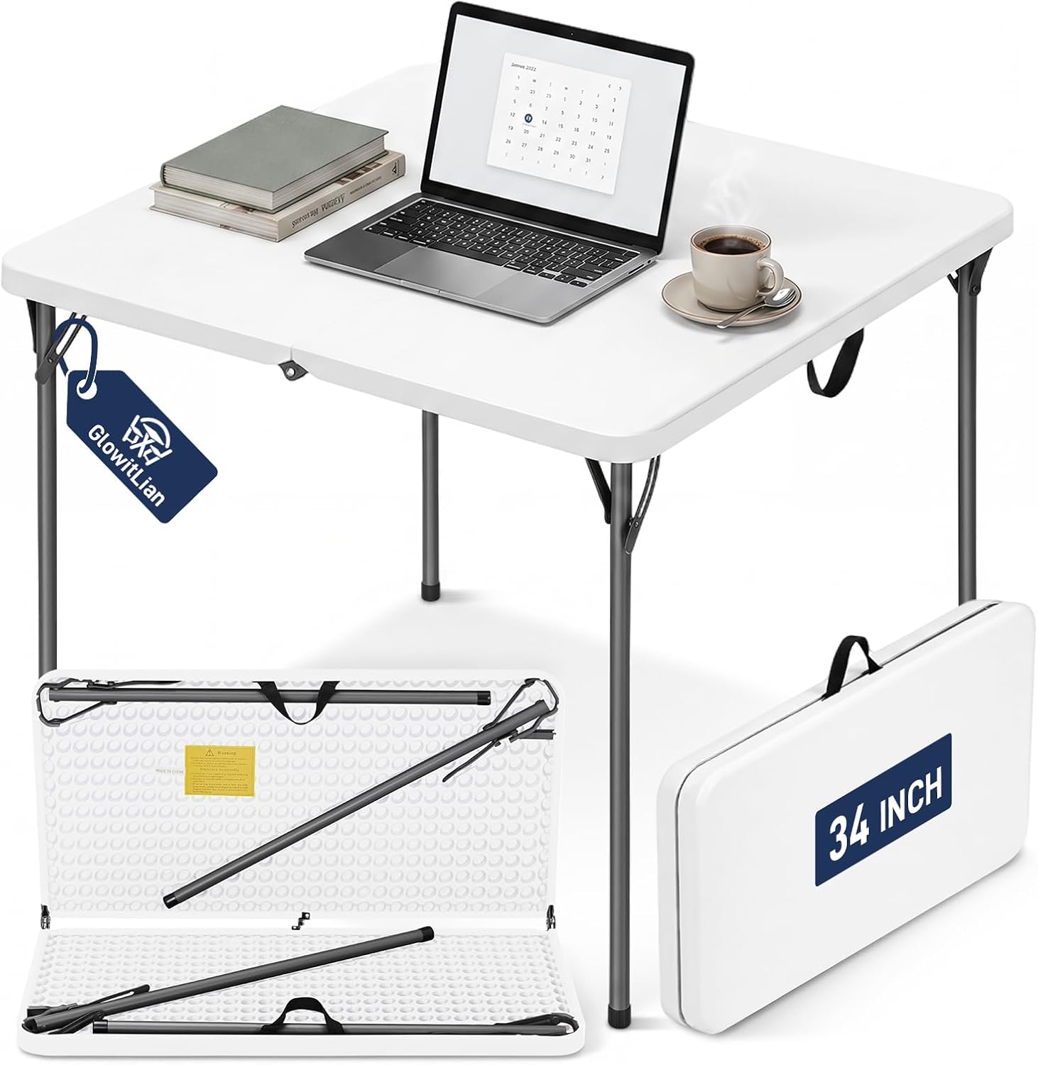 34" Square Folding Table for 4 Person, 330lbs Weight Capacity Foldable Table with HDPE Tabletop & Heavy-Duty Steel Legs, Large Portable Picnic Table for Indoor Outdoor Parties, Camping, White