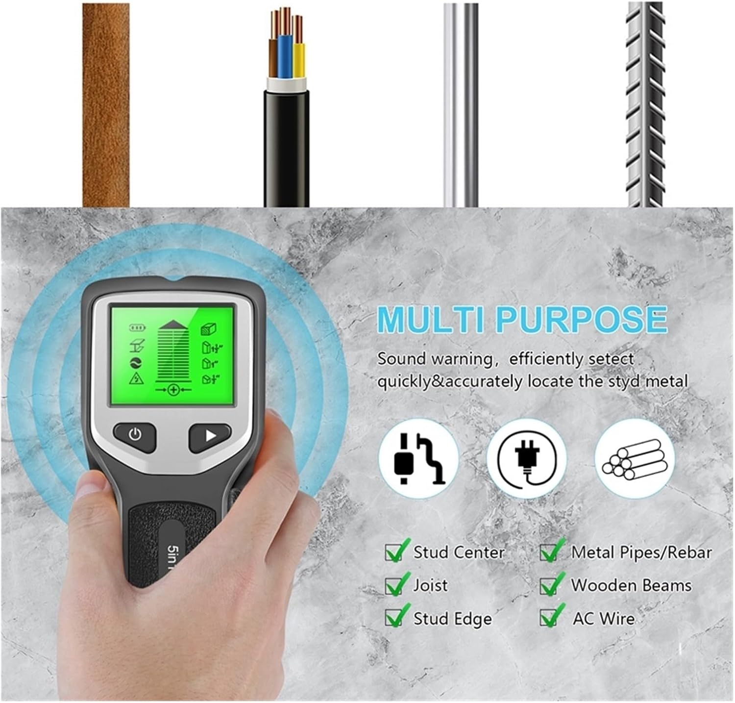 stud finder, Stud Finder Wall Scanner 5-in-1 Studs Metal Detector Wall Scanner Cable Wires Depth Tracker Electric Box Finder Wall Detector(Black)