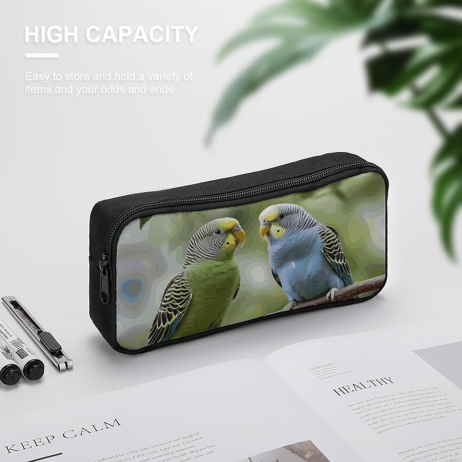 Blue And Green Parakeets Pencil Case Large Pencil Bag with Zipper image 4
