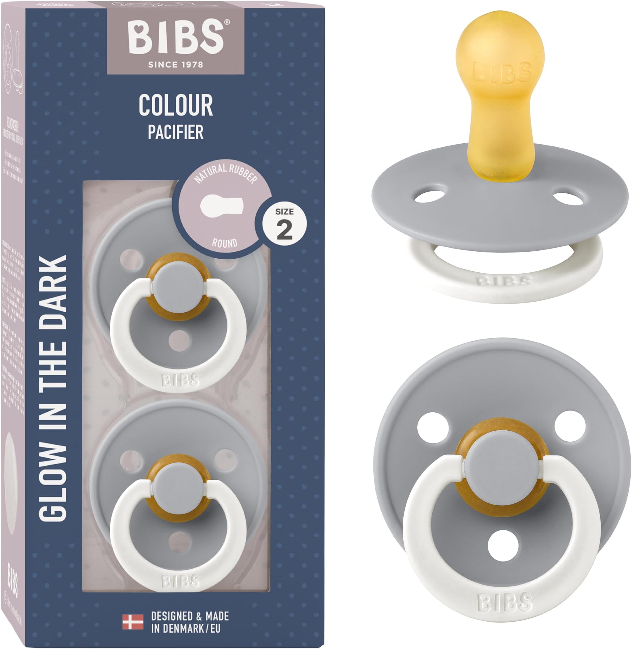 BIBS Colour Night Glow in The Dark Soother 2-Pack, BPA Free Dummy Pacifier, Round Nipple. Natural Rubber Latex, Made in Denmark, Size 2 (6-18 Months), Cloud Glow