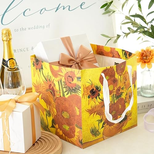 Miniatura 5 de Moretoes 2 bolsas de regalo grandes, bolsas de regalo cuadradas de 10 pulgadas con asas y patrón de girasol amarillo para flores, pasteles, día de