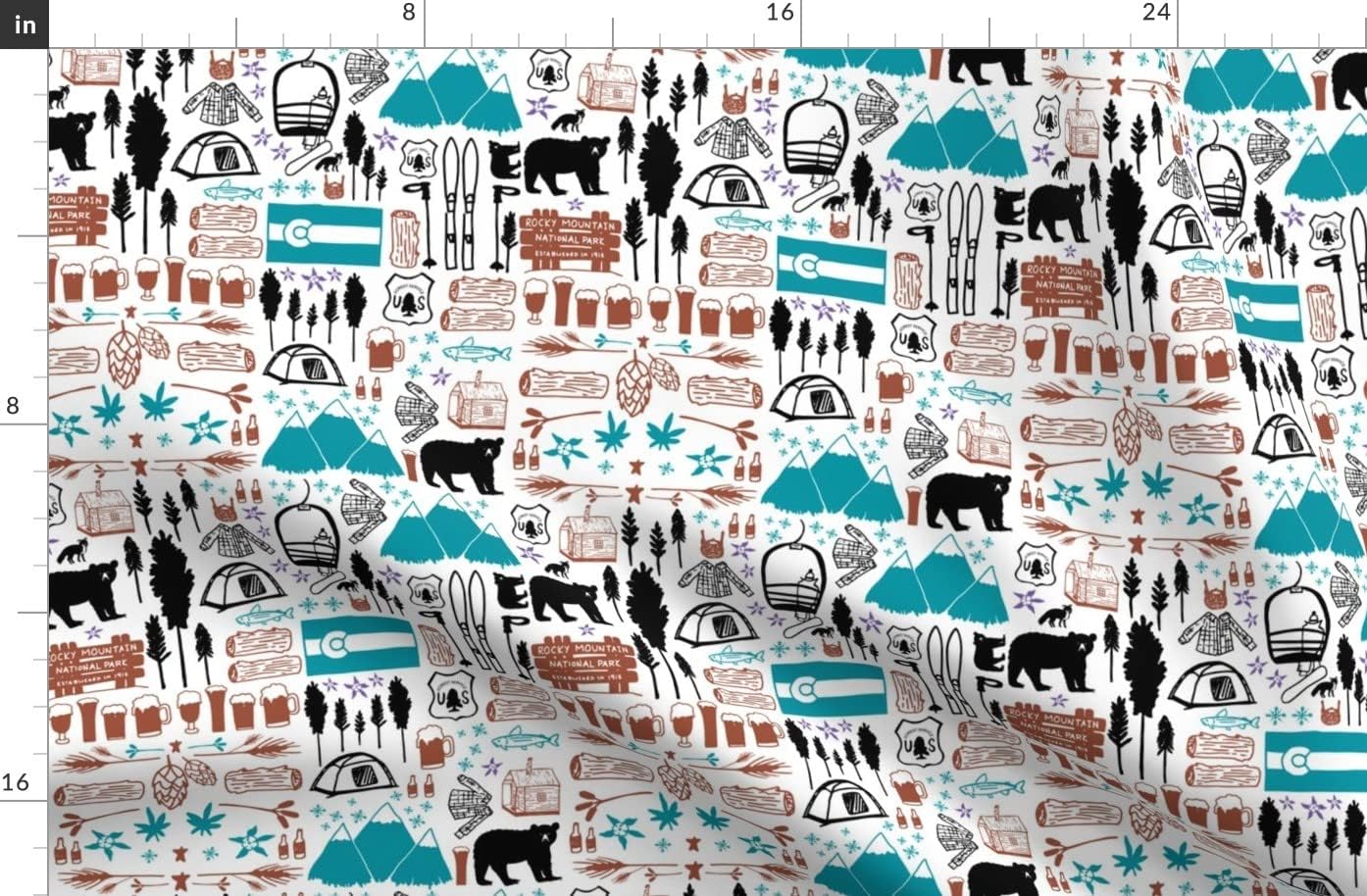 Spoonflower Fabric - Colorado Wild West Black Bear Wilderness Park Beer Camping Printed on Organic Cotton Sateen Fabric by The Yard - Sewing Quilting Apparel Home Decor
