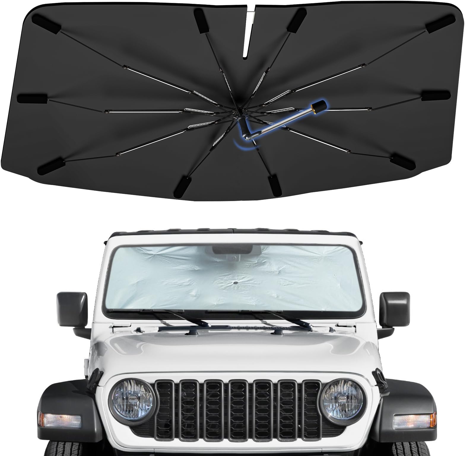 Windshield Sun Shade Umbrella for Jeep Gladiator 2020-2026, Foldable Sunshade for Car Front Window, 360 Rotation Automotive Interior UV Protection for Outdoor Parking, Keep Car Cool