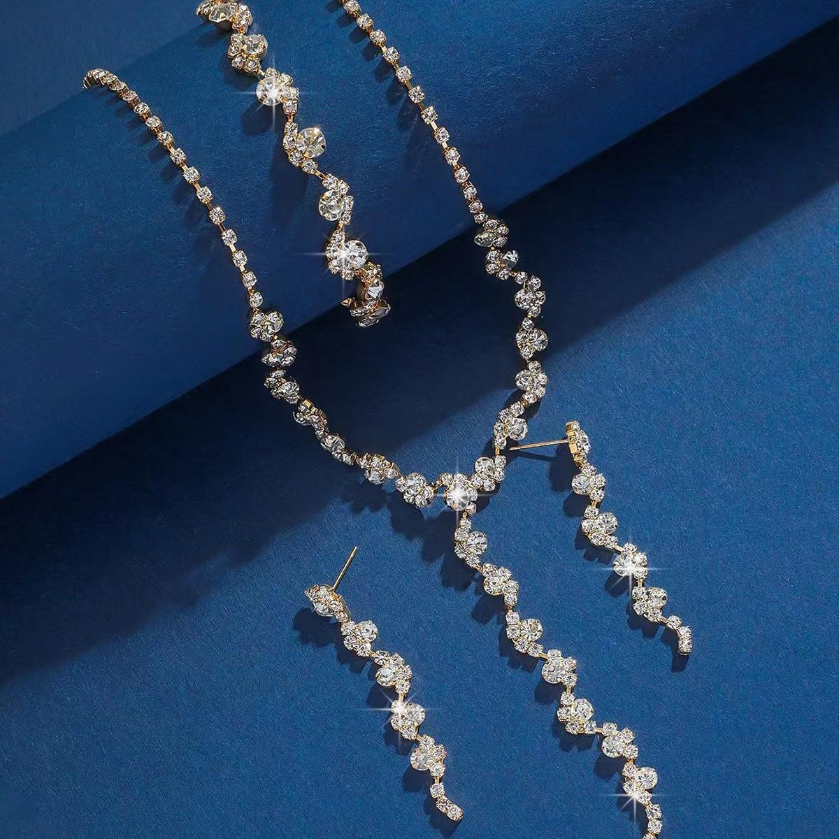 Rhinestone Jewelry Set for Women Elegant Sparkly Rhinestone Necklace Earrings Bracelet Crystal Bridal Wedding Prom Party Jewelry Set - Image 4