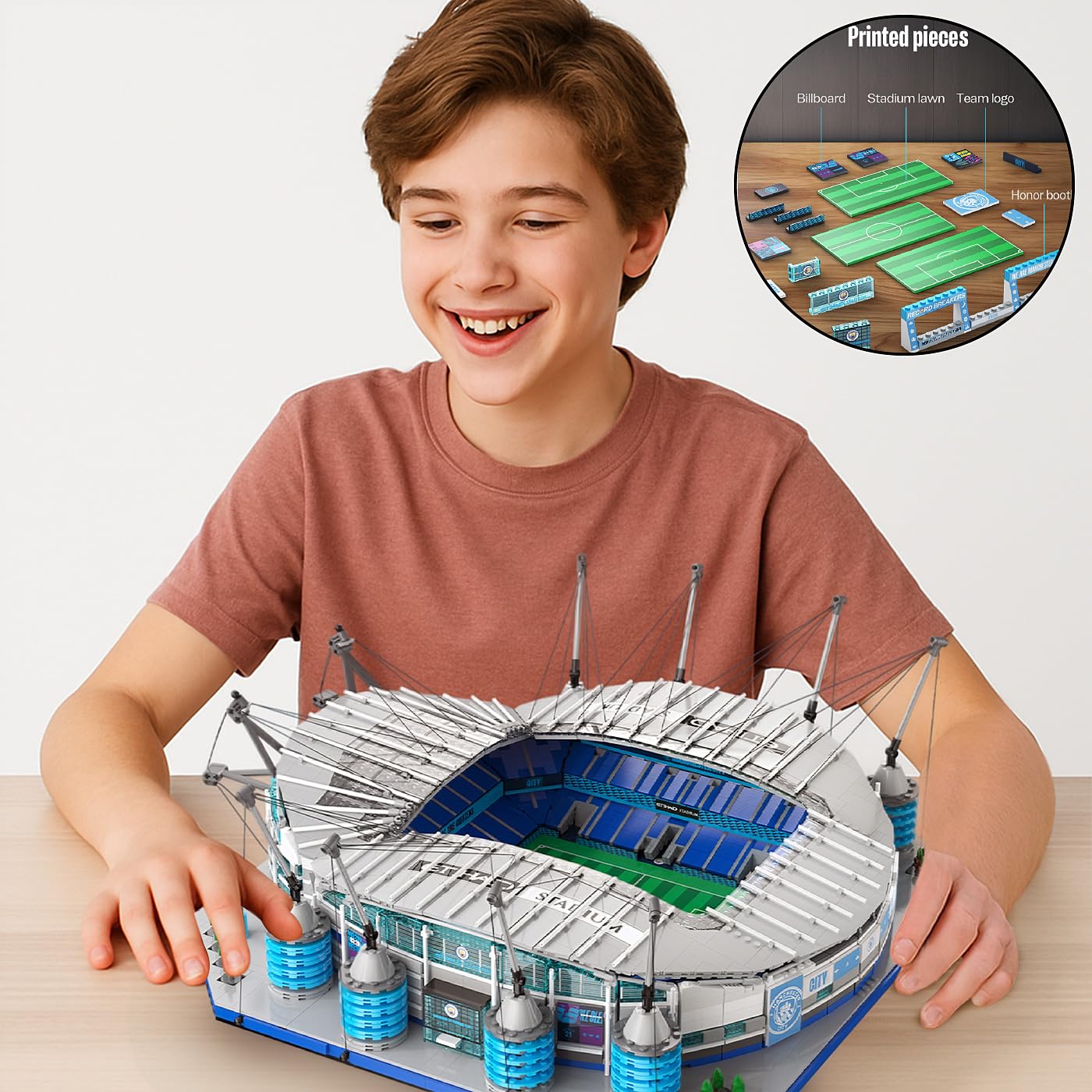 JAMARA 402904 CADA Etihad Stadion Manchester City FC Bricks, od 14 lat, zestaw klocków zaciskowych, model duży, zestaw klocków, wierne wzornictwo, światło LED, moduły prezentowane pojedynczo