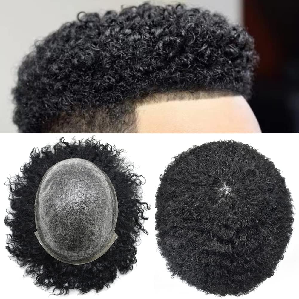 Photo 1 of Hair Units for Black Men Afro Toupee for Black Men Human Hair Piece Replacement African American Afro Curly Men Toupee Hairpieces Full Poly Thin Skin Men Hair System(8"X10", #1Jet Black-6mm Wave Curl)