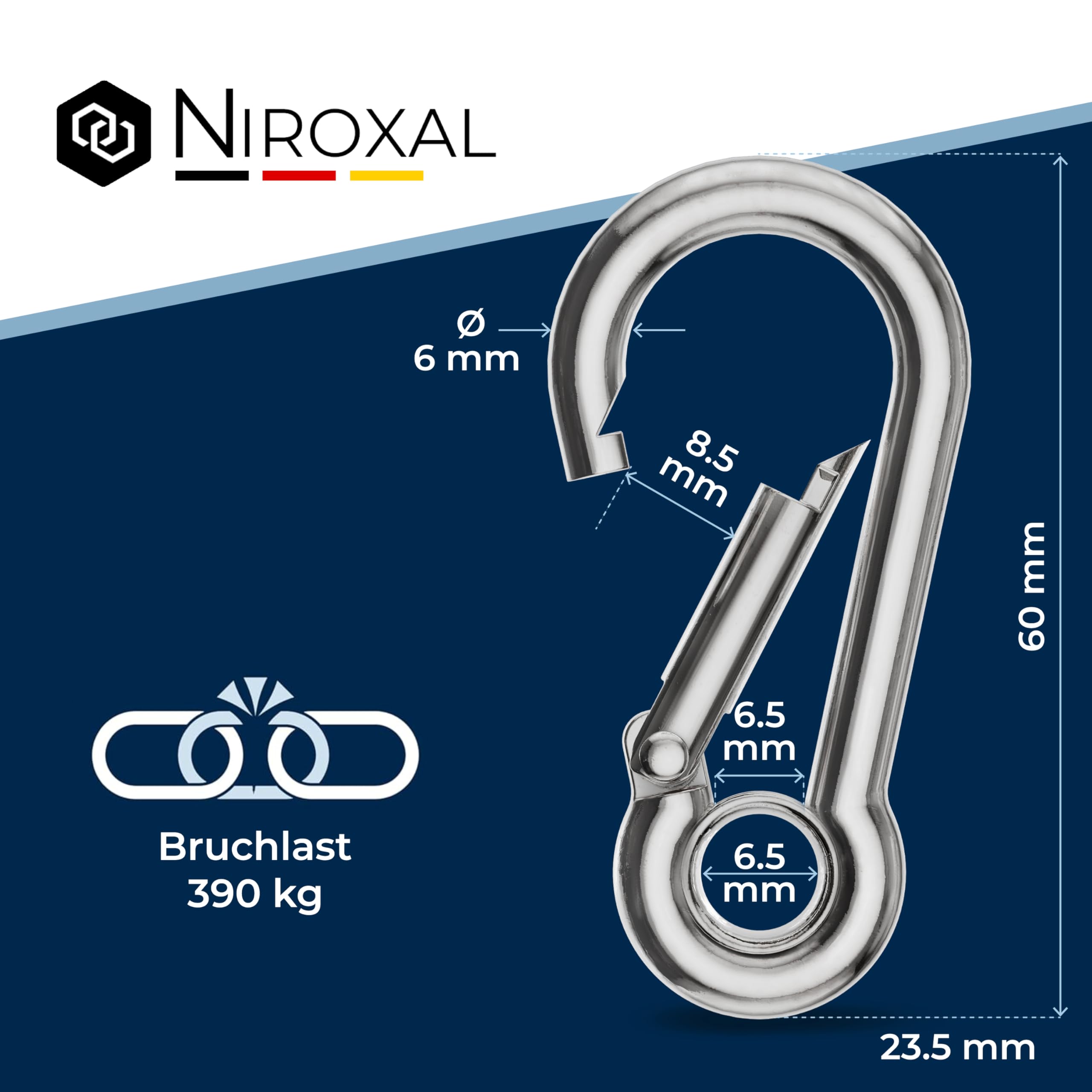Moschettoni a molla 8 x 80 mm, zincati, portata sicura di 250 kg, chiusura a molla con moschettone, per portachiavi, campeggio, viaggi, escursionism | Leroy Merlin