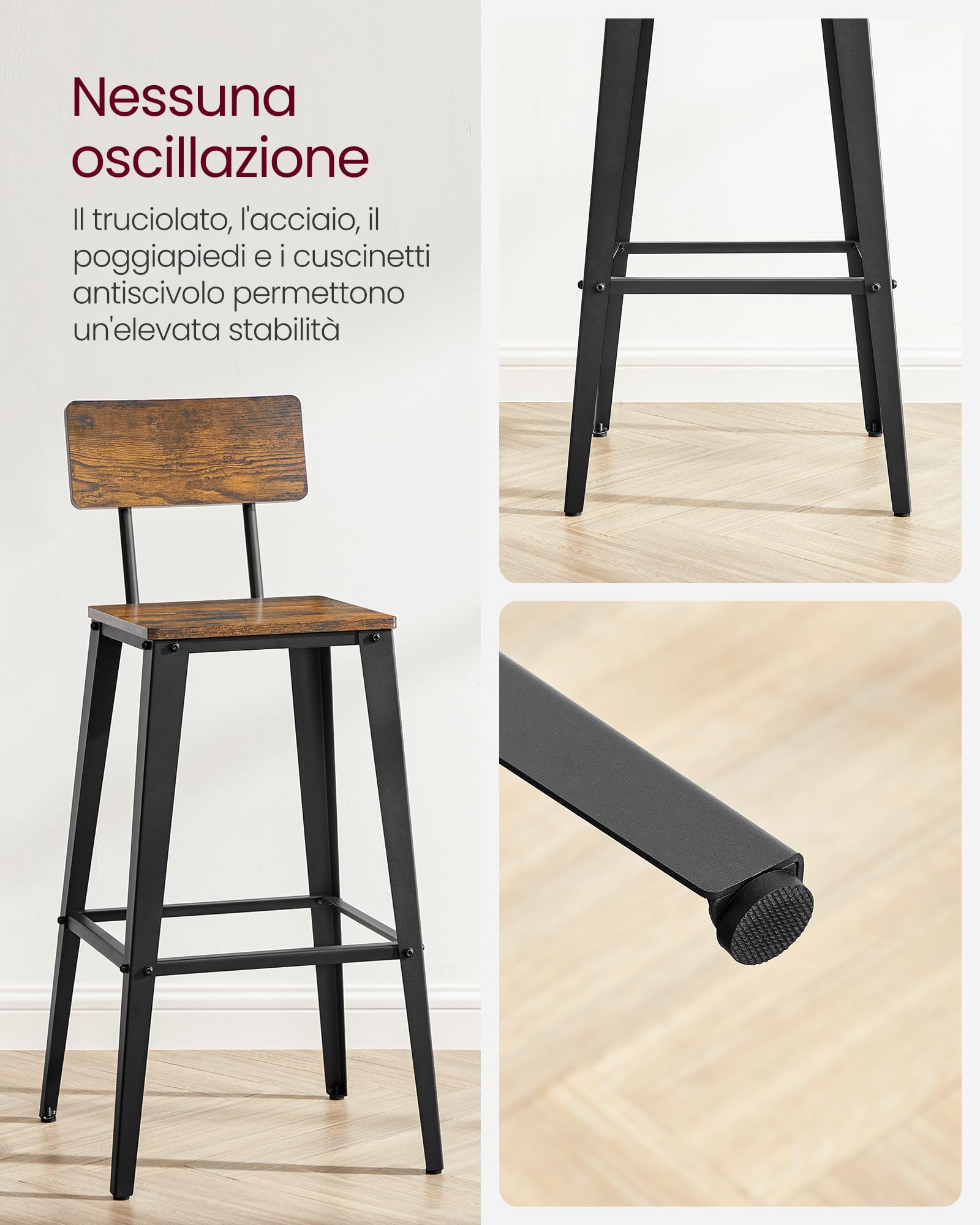 VASAGLE Sgabelli da Bar, Set da 2, Sgabelli Cucina, con Schienale, Struttura in Acciaio, Facile da Montare, Sgabelli Alti, Stile Industriale, Marrone Vintage e Nero LBC078B01