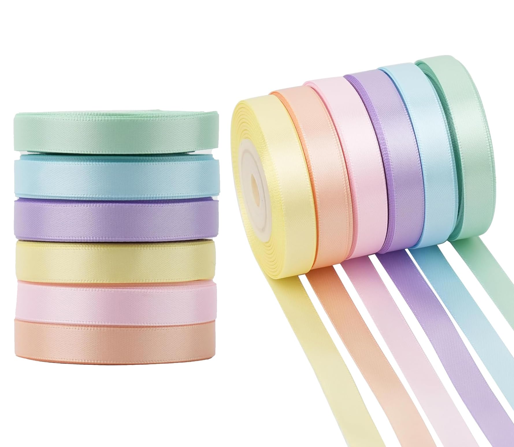 STORE 2508 6 Rolls Pastel Rainbow Satin Ribbon Assortment - 15mm x 22.8m Each, Total 150 Yards (137 Metres) - Multicolour, Polyester, Multiple Occasions, Contemporary Style-image-29