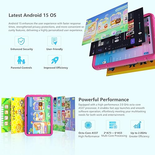 Miniatura 4 de NRKDUBQ Tableta Android 15 para niños de 10.1 pulgadas con funda protectora EVA de 20 GB de RAM, 128 GB de almacenamiento, tabletas para niños