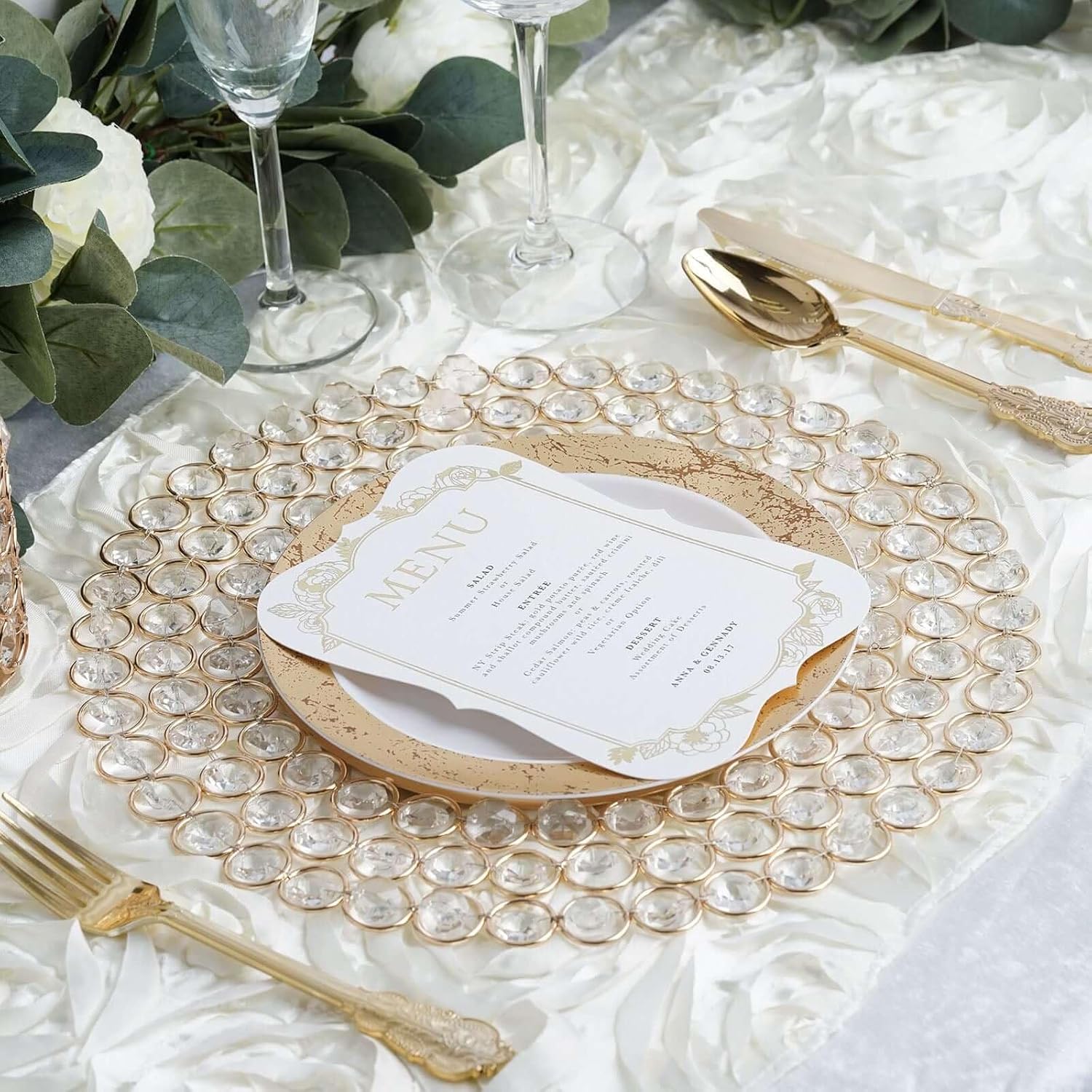 Efavormart Pack of 2 Gold Wired Metal Charger Plates - 14" Round Sparkling Decorative Underplates with Acrylic Crystal Beads for Intimate Dinners and Gift Sets