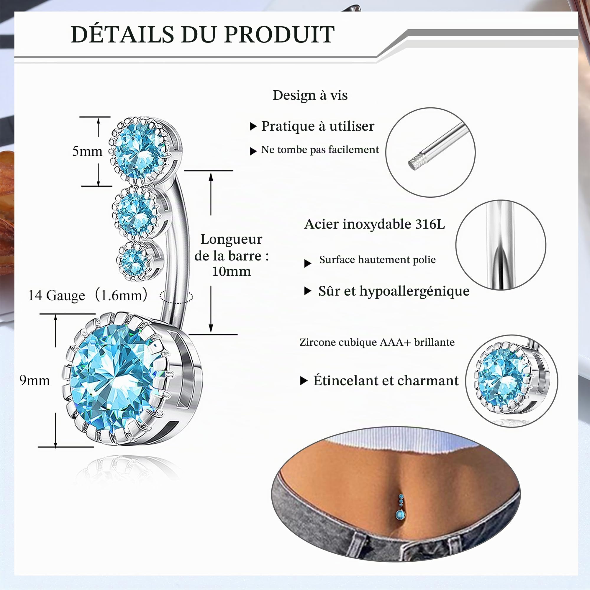 YADOCA 10Pcs 14G Piercing Nombril pour Femmes Acier Chirurgical Rose Bleu Piercing Ventre CZ Papillon Serpent Clicker Nombril Anneaux Piercing au Nombril Ensemble Bijoux Piercing