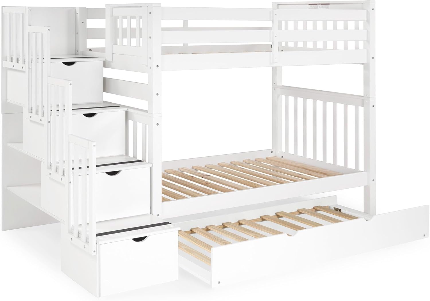 Bedz King Tall Stairway Bunk Beds Twin Over Twin, 4 Step Drawers and a Twin Trundle, White