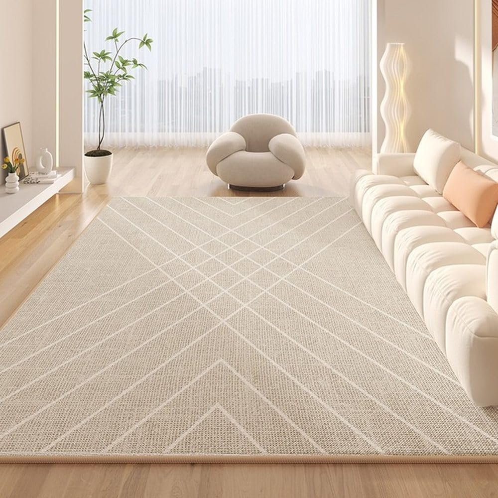 Tapis de luxe beige à rayures minimalistes pour grand salon élégant