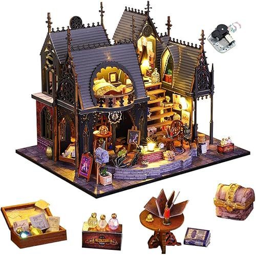 WYD Kit de casa de muñecas de estilo europeo para bricolaje, diseño arquitectónico de cabaña mágica hecha a mano en 3D con música y luces LED, el
