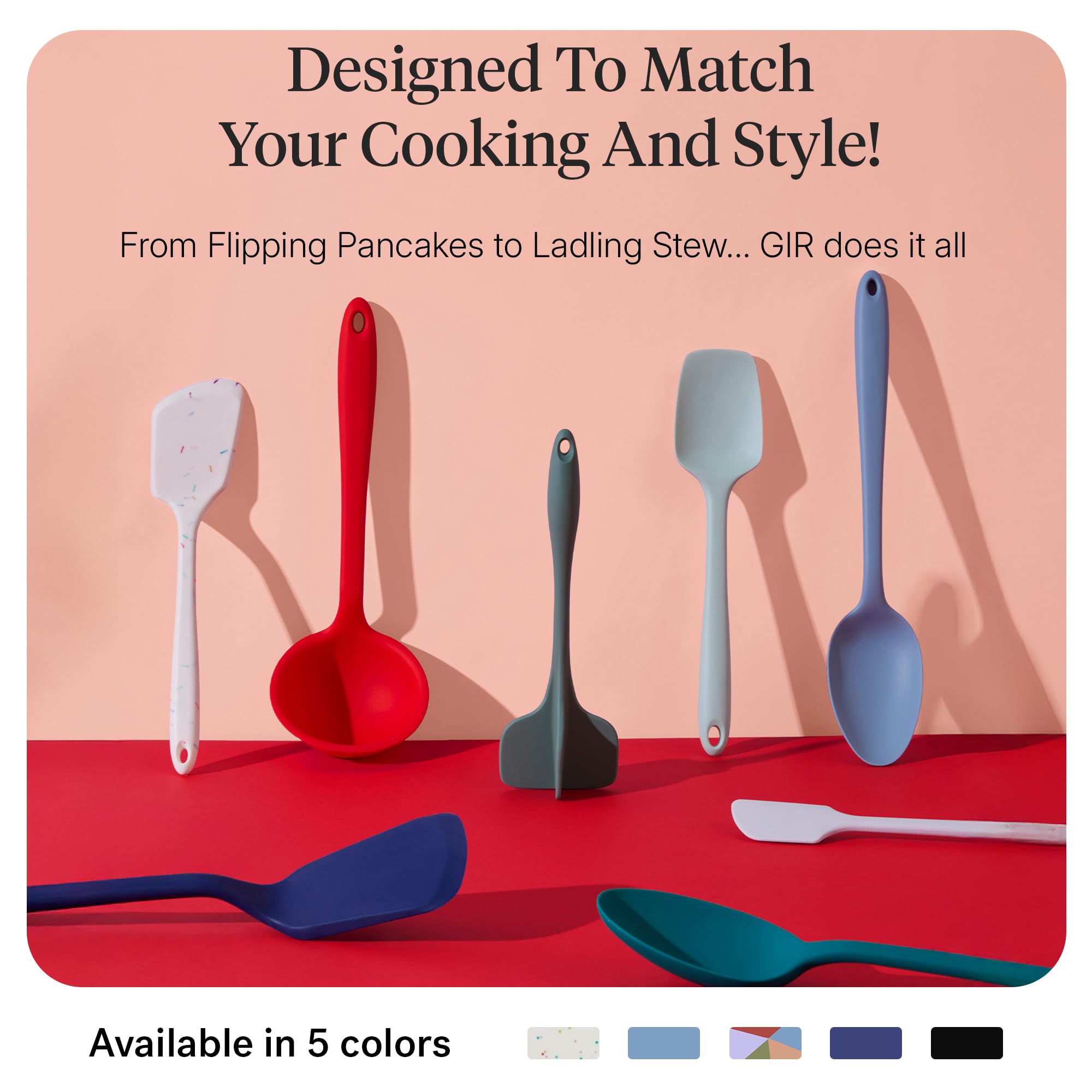 GIR: Get It Right - Set di 5 utensili da cucina in silicone – mestolo, spatola, capovolgimento, cucchiaio e cucchiaio, antiaderente, resistente al calore e lavabile in lavastoviglie, utensili da