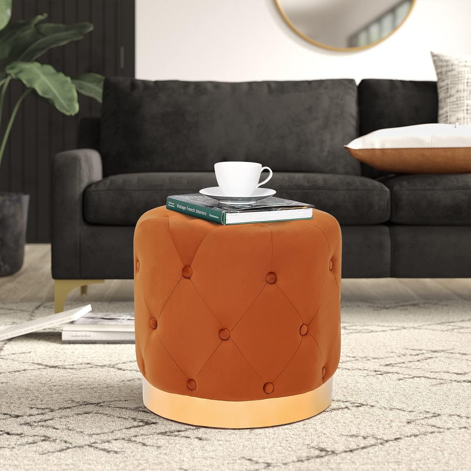 Homebeez Round Velvet Ottoman, Vanity Stool, Button Tufted Footrest Stool with Gold Base, 17.7" Width (Orange)