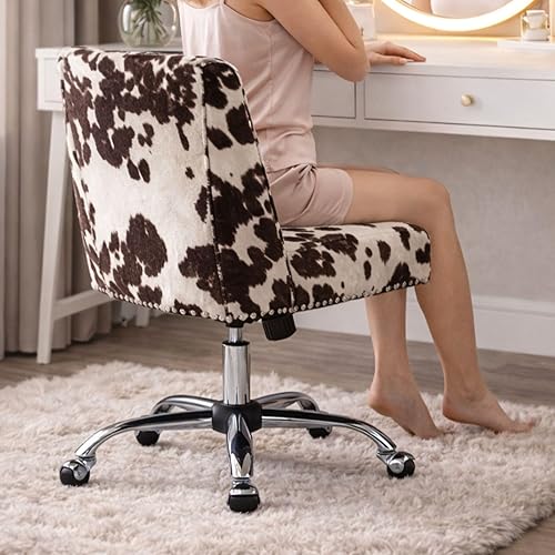 Miniatura 6 de Silla de oficina en casa con estampado de vaca, silla giratoria de tela ajustable, silla de escritorio tapizada sin brazos para sala de estar,