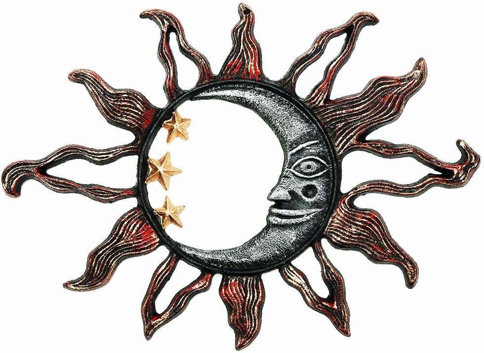 Sungmor Cast Iron Moon & Sun Face Wall Decor, Sturdy Metal Wall Art Sculpture, Outdoor Garden Yard Fence Decorative Plaque, Pretty Vintage Hangings for Farmhouse Indoor Wall, Unique Home Accent Gift