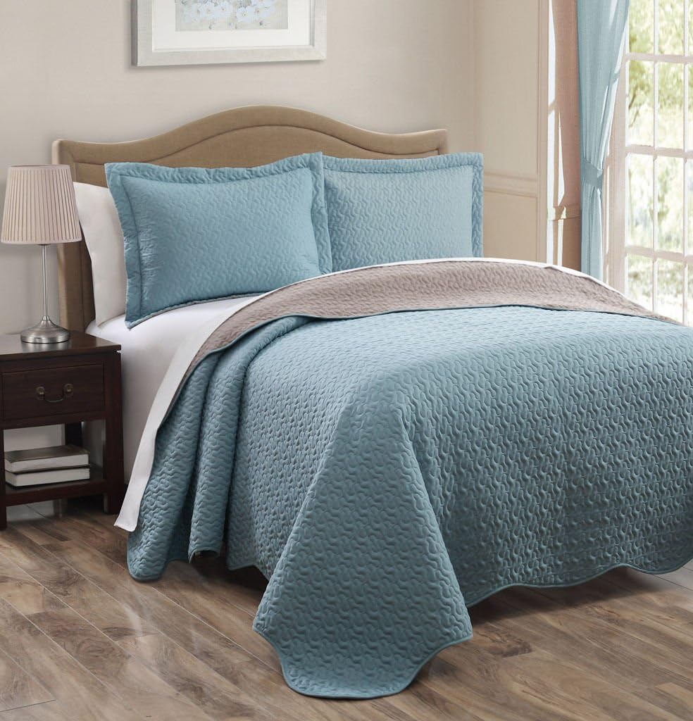 3-piece Spa Blue Khaki Reversible Bedspread Quilt Set Queen Size