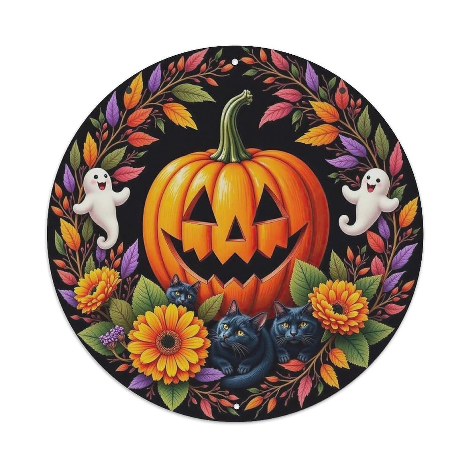 Pumpkin Ghosts Cats Flowers Leaves Metal Tin Sign