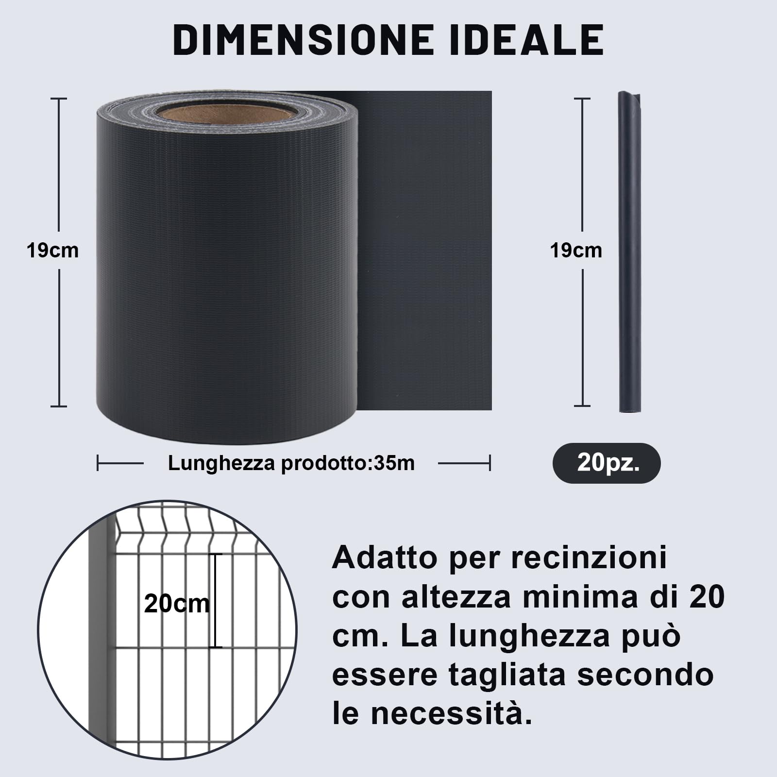 HENG FENG Strisce Frangivista PVC,per Recinzione a Doppio Picchetto 35m x 19cm,450g/m²,Anti-UV,Impermeabile,Antistrappo,Incluse 20 Clip–Protezione Privacy per Giardino e Balcone (Antracite)
