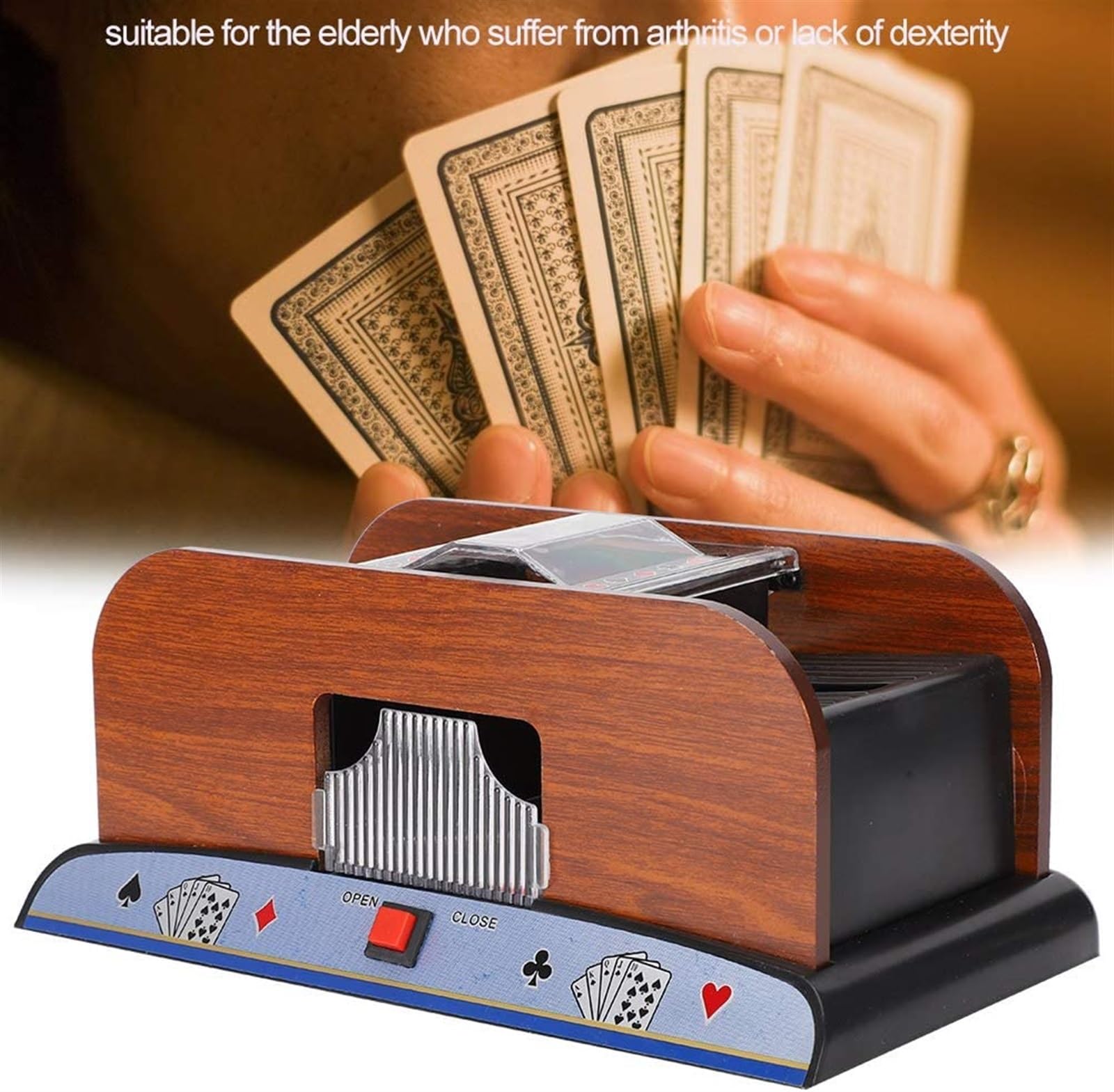 Mescolatore di carte automatico, Mescolatore di carte in legno, Mescolatore di carte da gioco alimentato a batteria Può mescolare 2 mazzi for UNO, Blackjack, Texas Hold'em, Giochi di carte domestici