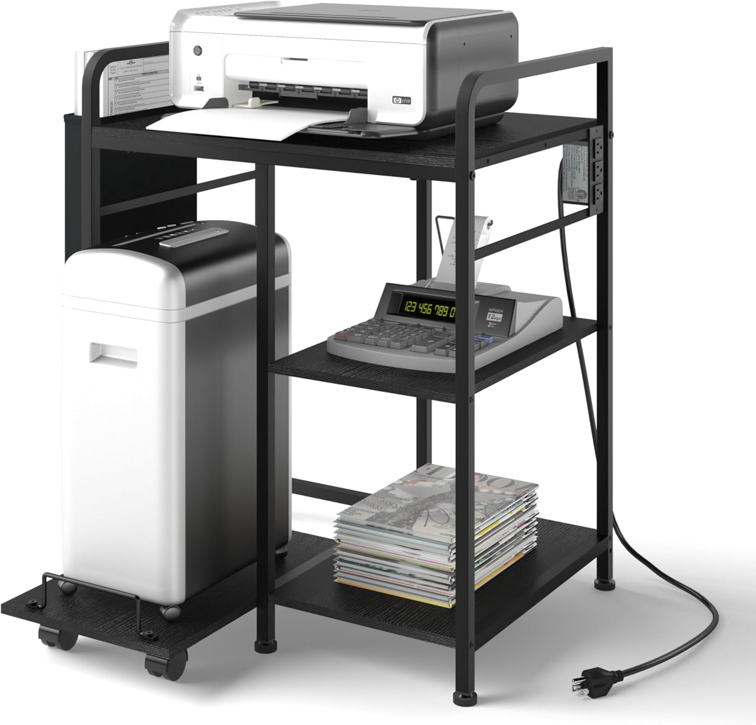 Home Printer Stand with Charging Station, 24x18 Inches Stands for Large Printer, Printer Shredder Stand with Storage for Home Office, Table for Fax Machine/PC Tower (Black)