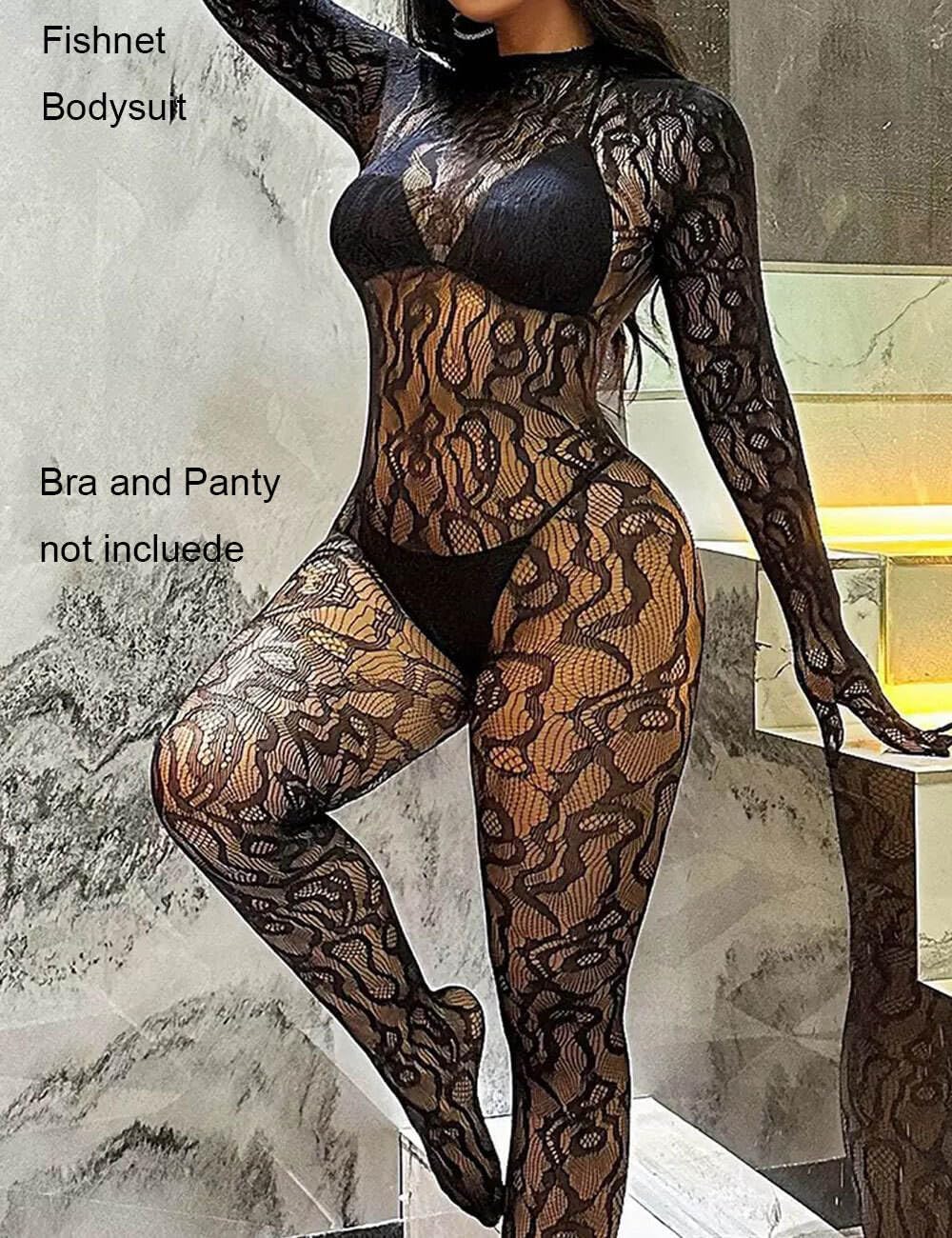 Women Sexy Fishnet Full Bodysuit, Mesh Lace Poster Jumpsuit Glow Party Rave Outfits, Body Stockings Halloween Costume - Image 2