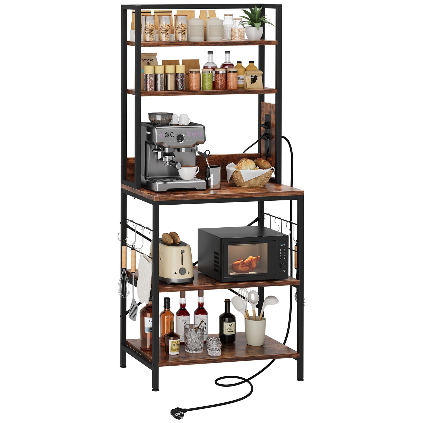 Dripex Mensola da cucina, a 5 ripiani, con prese, per panetteria, autoportante, vintage, per pentole e padelle, 6 ganci a S, 70 x 40 x 165 cm, marrone vintage+nero