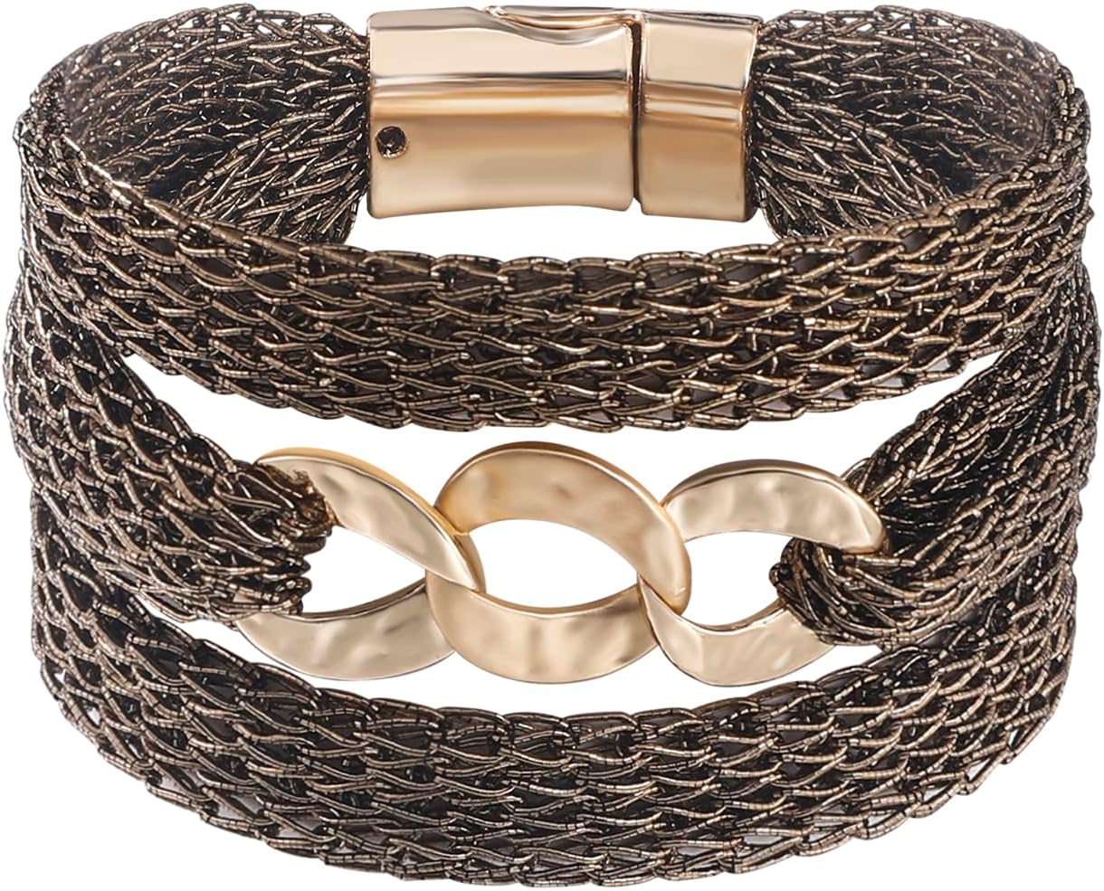 Gold Bracelet for Women Multi Chain Mesh Bracelet Wisted Orb Circle Disc Mesh Wrap bracelet for Women Statement Jewelry