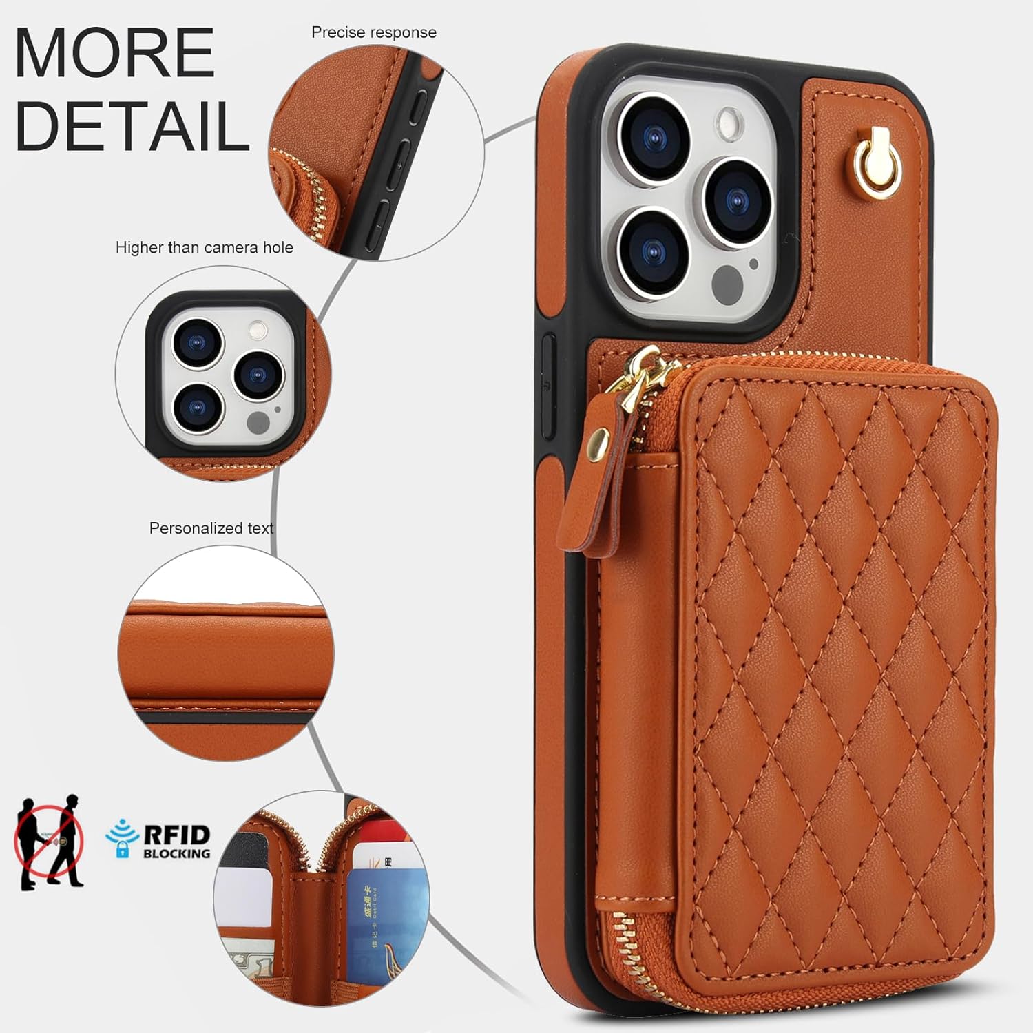 Wefor Compatible with iPhone 15 Pro Max Wallet Case Crossbody for Women, Zipper Phone Case with RFID Blocking Card Holder Wrist Strap Purse (Brown)