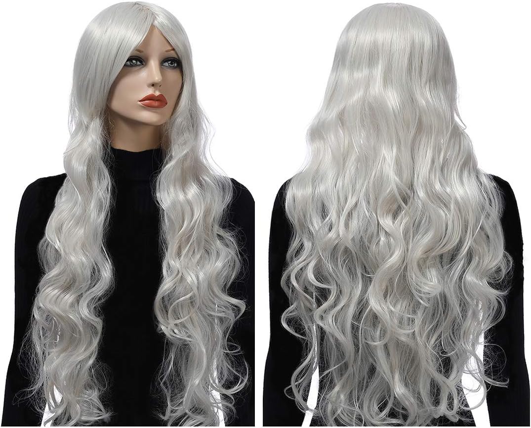 Wigood 32" Silver Long Curly Hair Wig with Side Blunt Bangs Cos Anime Wig for Women Halloween Silver Wig