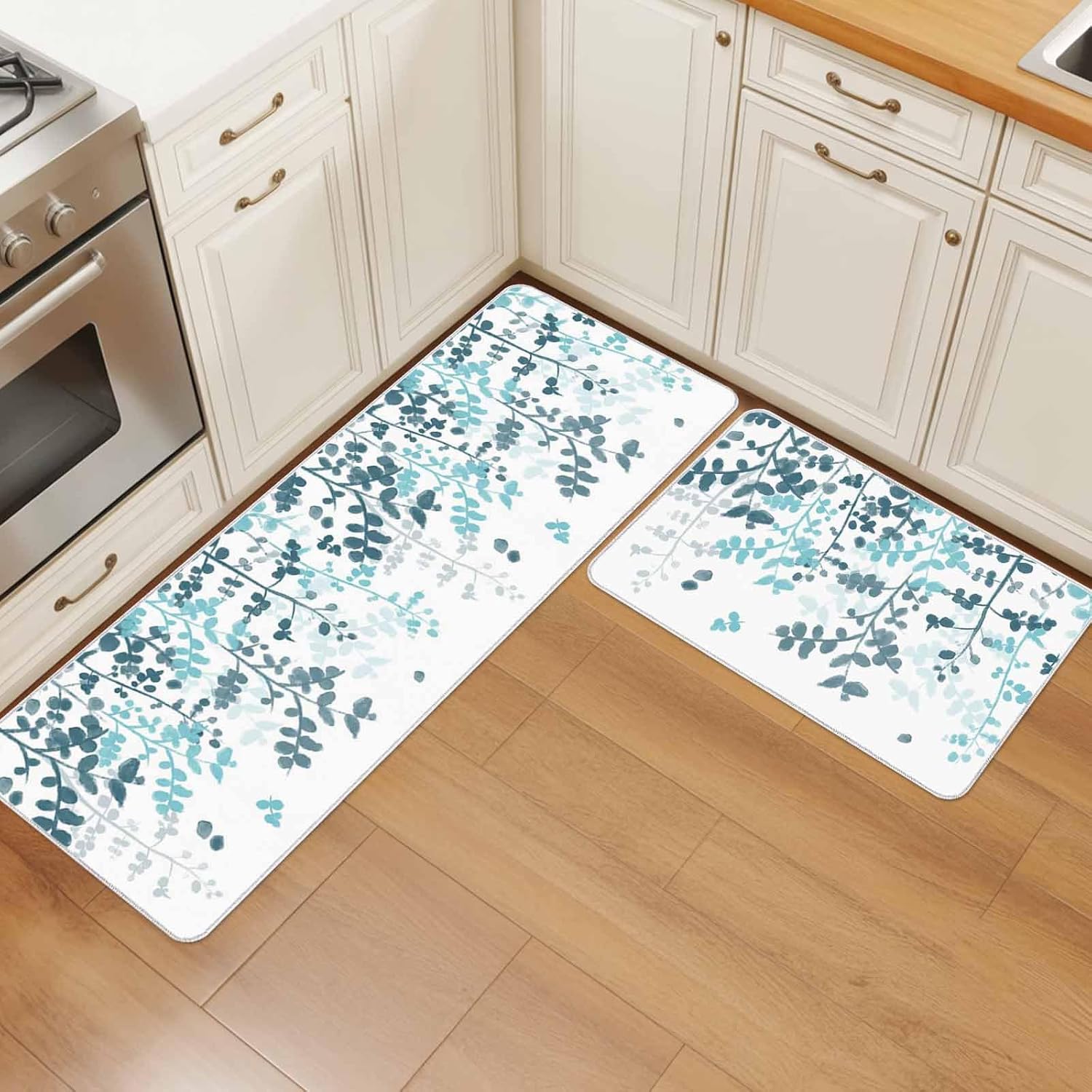 Rustic Blue Gradient Leaf Kitchen Rug and Mat,Washable Floor Mats Standing Cushioned Set of 2,Farmhouse Watercolor Plant Slip-Proof Doormat Runner Rugs for Indoor Bathroom Laundry Sink