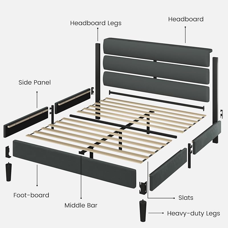 Fluest Queen Size Bed Frame, Platform Bed Frame with Velvet Upholstered Headboard, No Box Spring Needed, Sturdy Metal Support, Noise Free, Easy Assembly, Grey image 6