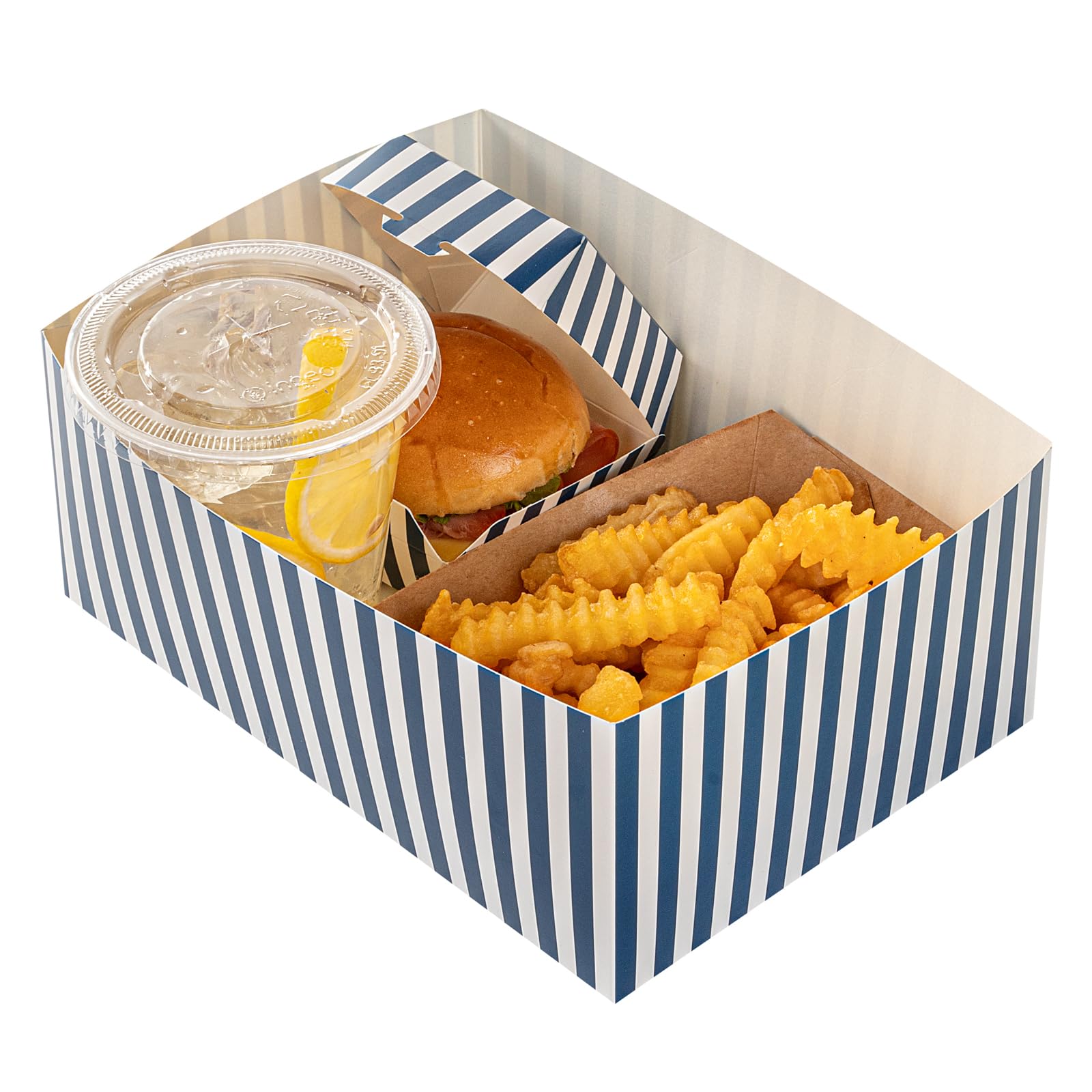Bio tek Bandejas de Hamburguesas de 8.4 x 6.1 x 3.5 Pulgadas, 100 bandejas Desechables de Papel para Alimentos, sostenibles, Resistentes, bandejas de Aperitivos de película de Papel Azul y Blanco,