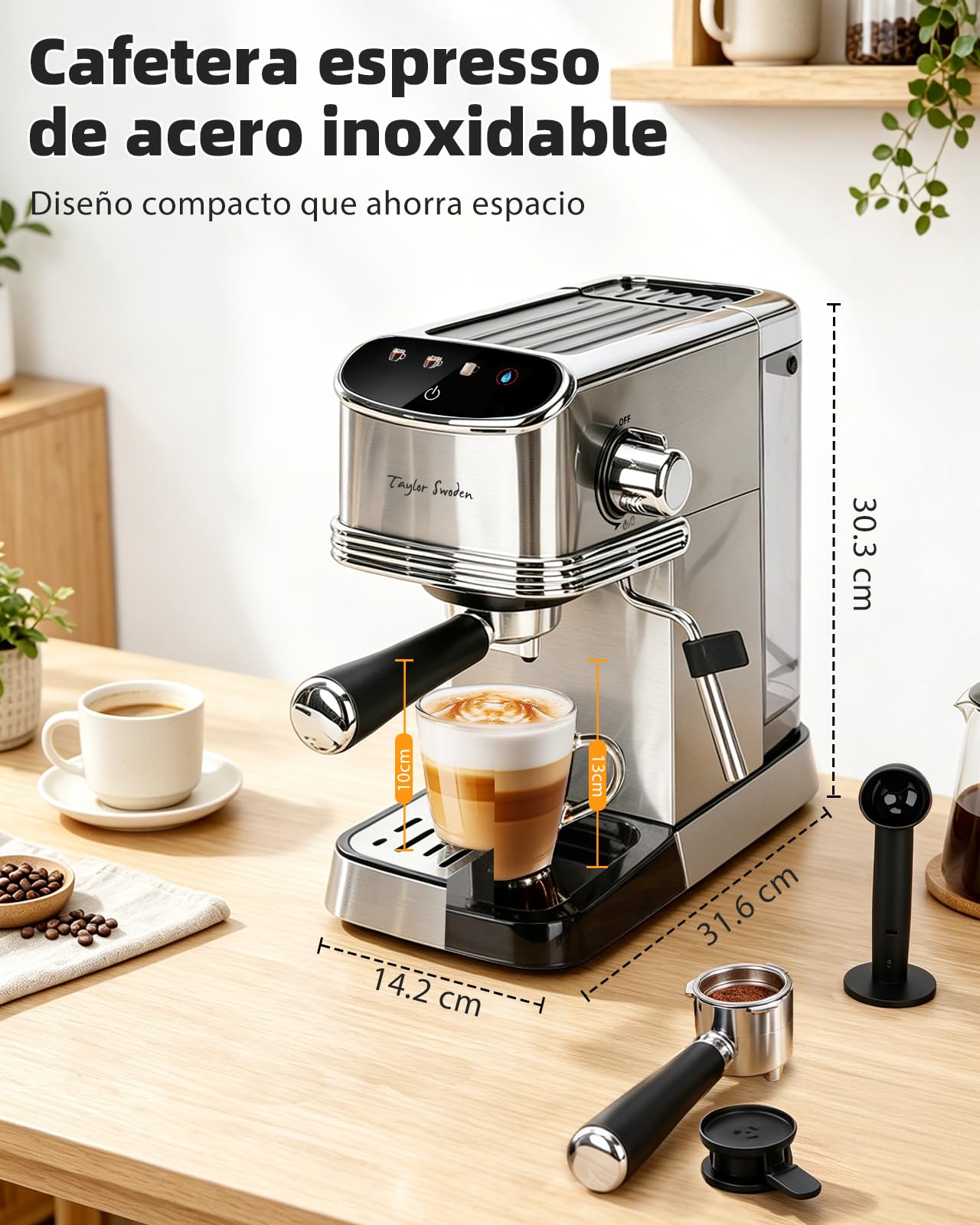 Taylor Swoden Cafetera Espresso 20 Bares, 1450w para Café y Cápsulas, Inox | Función Memoria, LED Touch Pantalla, Agua Caliente, Autolimpieza y Diseño Compacto, Depósito de 1.3 L, Cafetera Capsulas