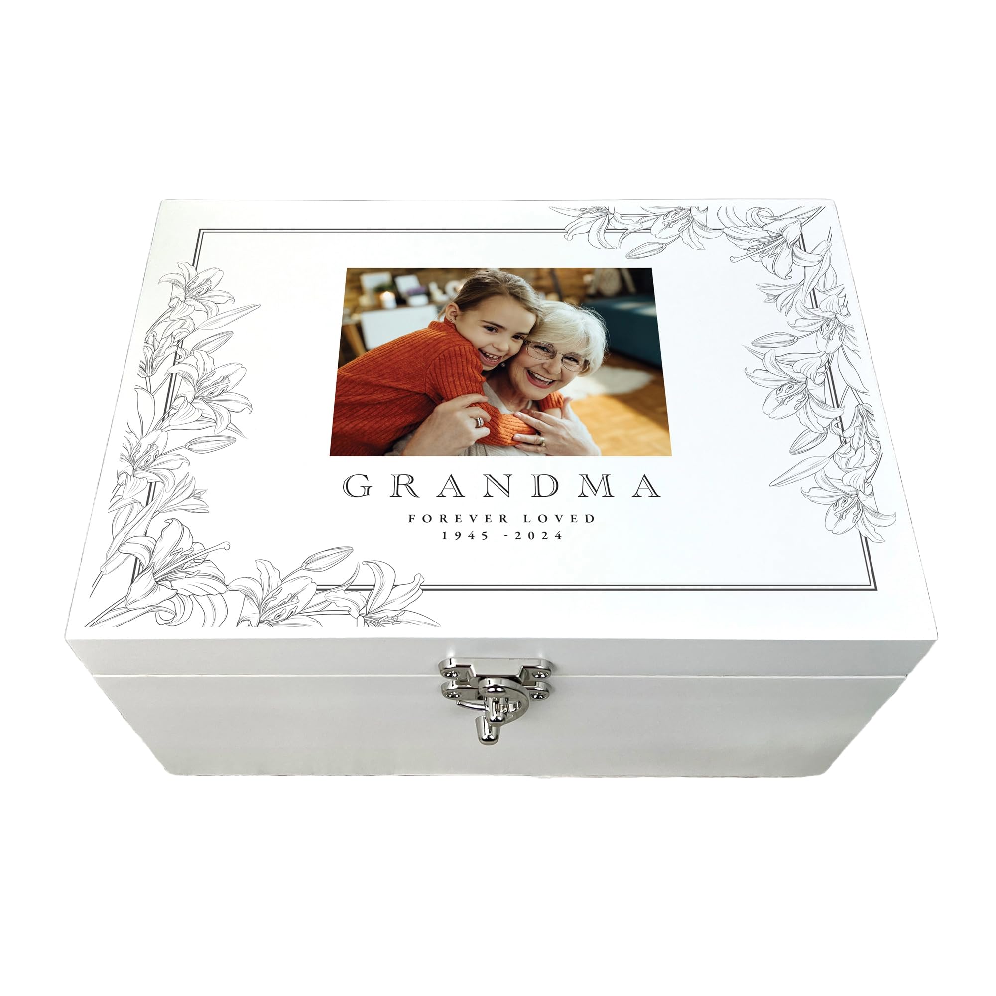 Caja de recuerdos de madera blanca personalizada con guirnalda azul para bebé, regalo de duelo, recuerdo conmemorativo, regalo de cumpleaños, regalo de aniversario, regalo para ella | 27 x 19 x 14 cm