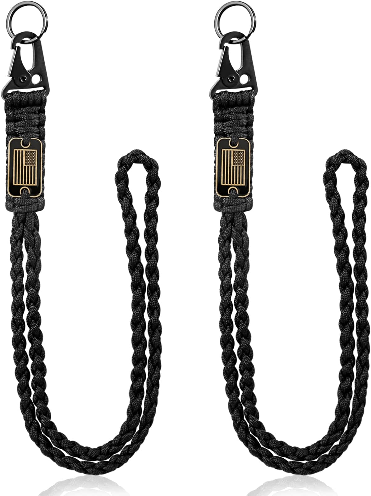 ZLIUCCR 2Pcs Heavy Duty Braided Paracord Lanyard Keychain with USA Flag, Parachute Rope Necklace Keychains, Braided Lanyard with Metal Clip Key Ring for Outdoor Activities/Camera/Travel (Long, Black)
