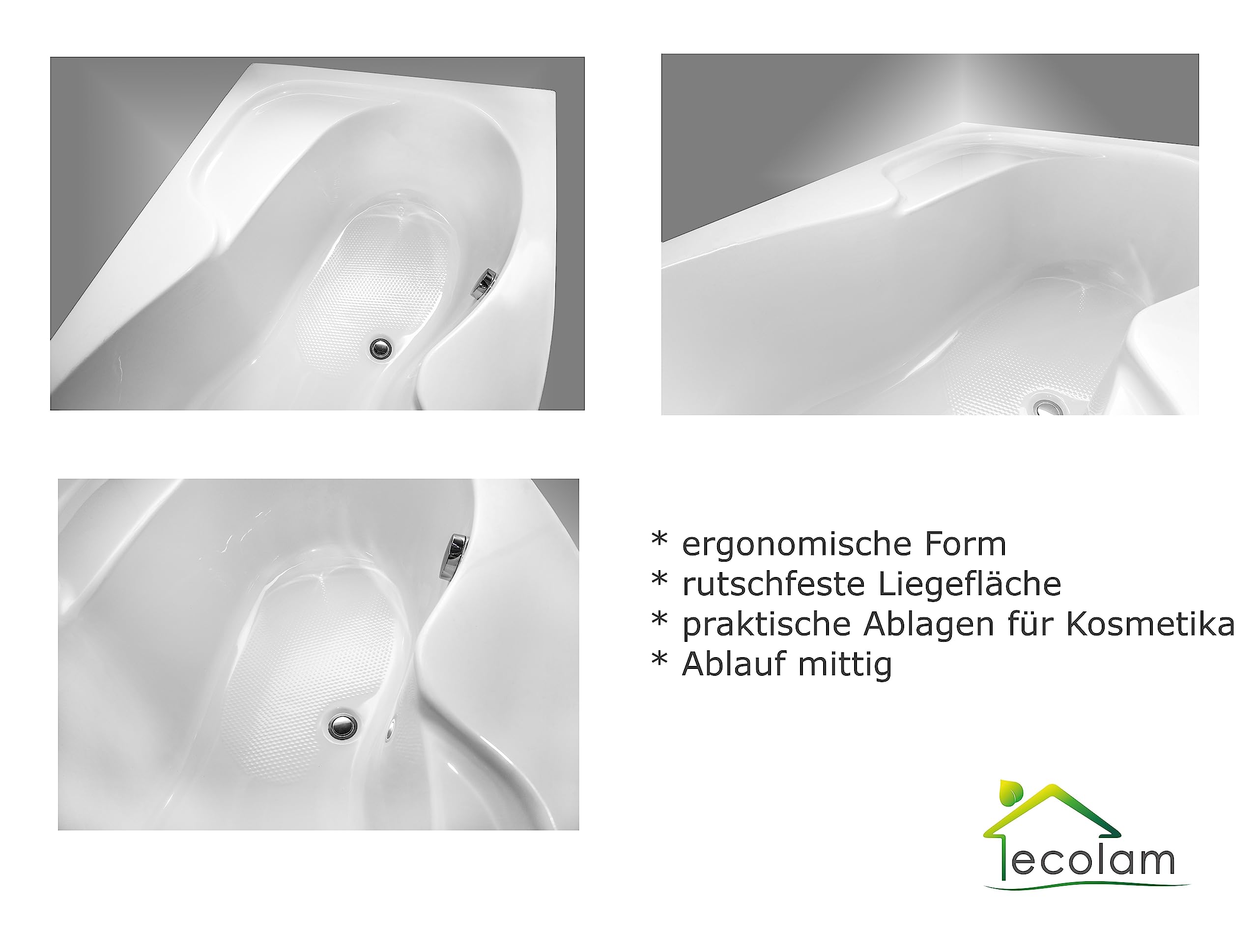 ECOLAM® Eckbadewanne WELA 150x100 cm RECHTS | Qualitätswanne Badewanne Acrylwanne Acryl Sanitäracryl + Ablaufgarnitur Ab- und Überlauf Automatik Füße Silikon | rutschfest pflegeleicht