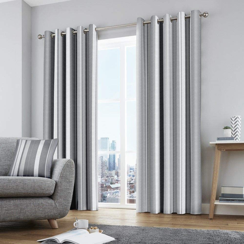 Fusion  Grey Whitworth Stripe 100% Cotton Eyelet Curtains in Size 66x72 Inch, Sports Direct